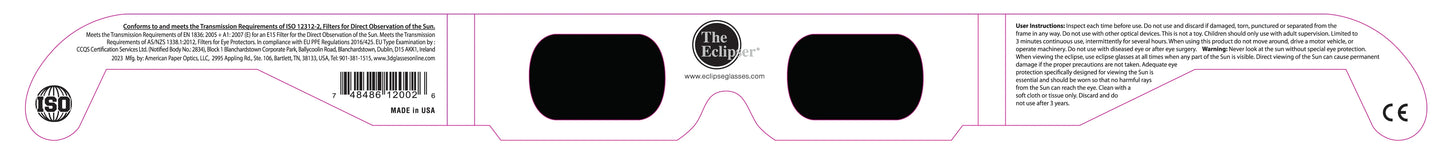 A flat 2D view of the back side of a pair of solar eclipse glasses.