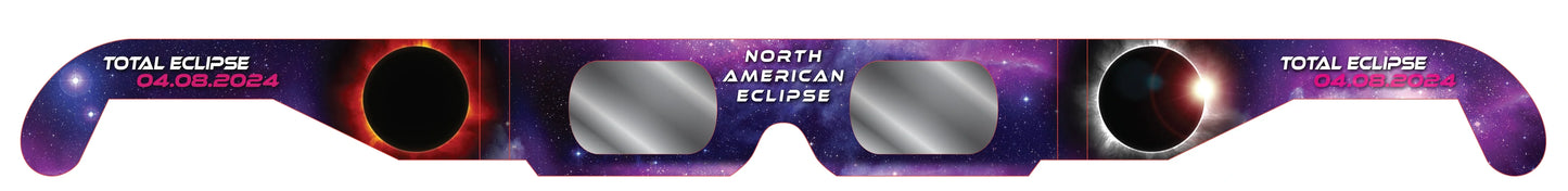 A flat 2D view of the front of a pair of purple solar eclipse glasses.