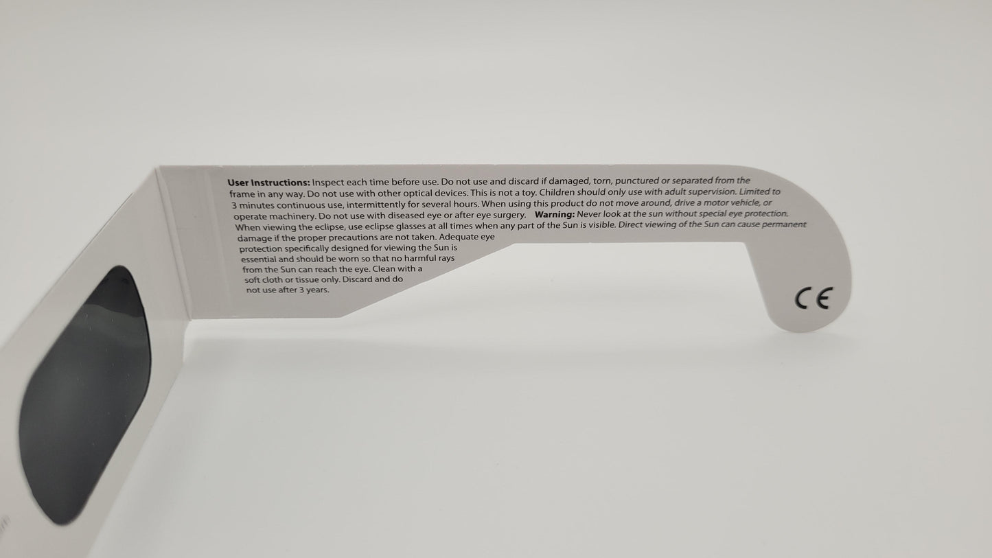 A side view of the instructions printed on a pair of solar glasses, viewed on the right.
